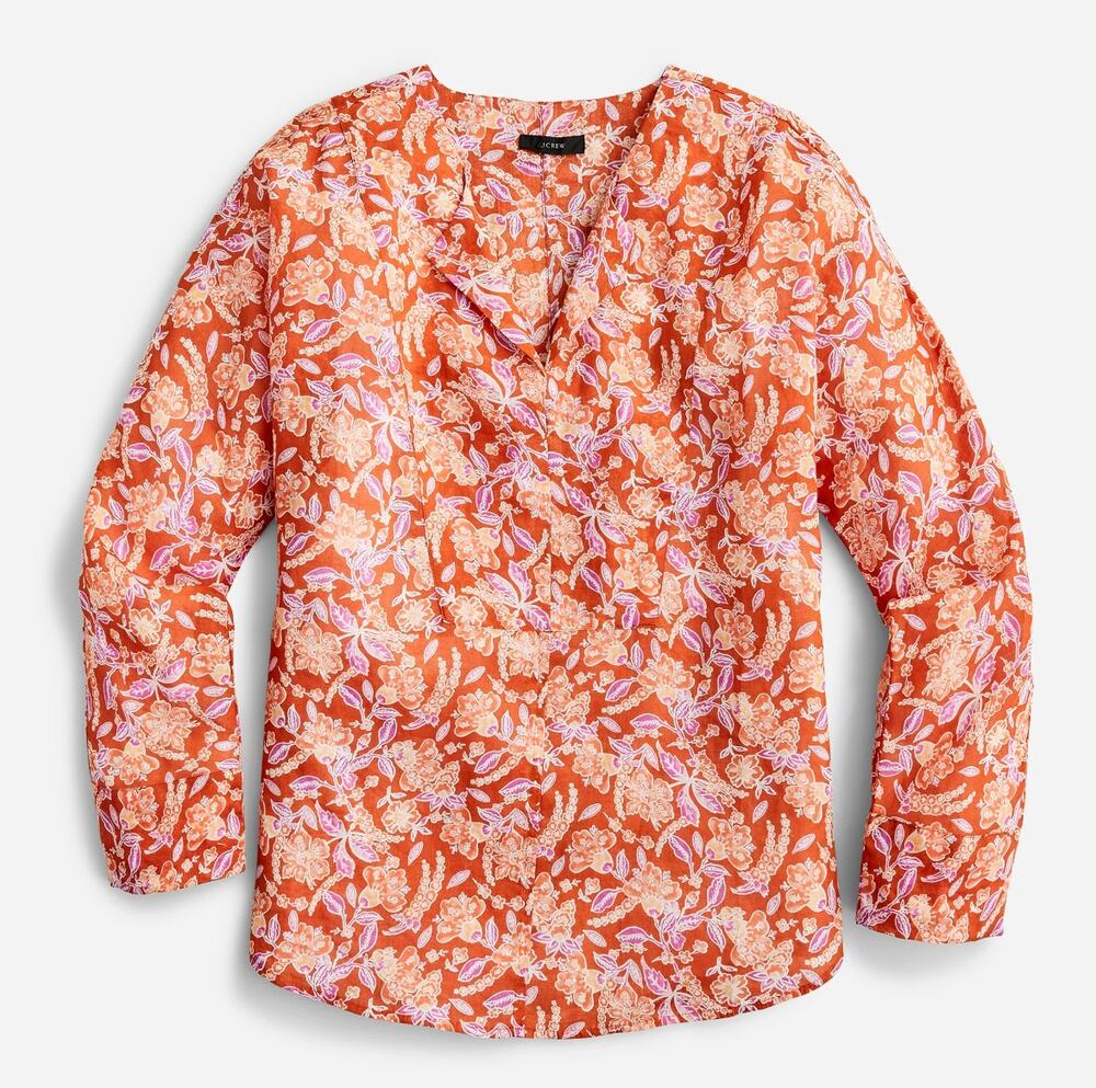 J. Crew Painted Block Print Long Sleeve V-Neckline Ramie Tunic Top Size M Medium